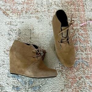 Suede Wedge Booties Y2K Lace Up Tan Neutral Brown Heel Boots